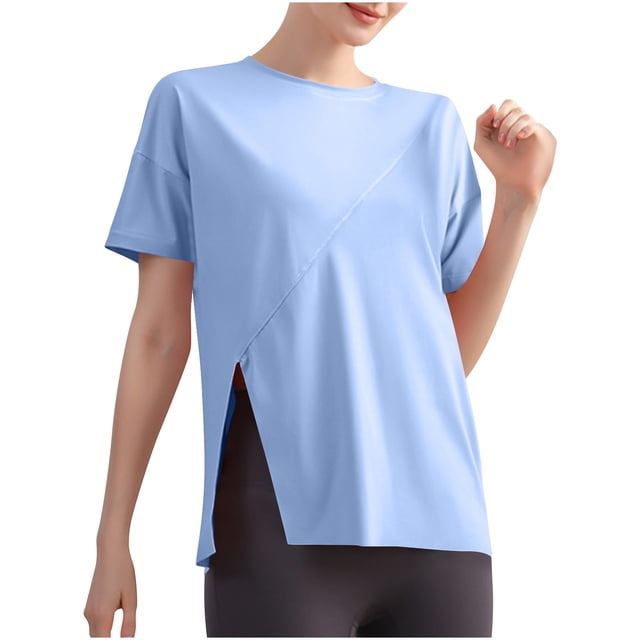 Jalioing Women's Short Sleeve Sport Tee Crew Neck Solid Color Loose Training Shirts Breathable Side Slit Athletic Tops