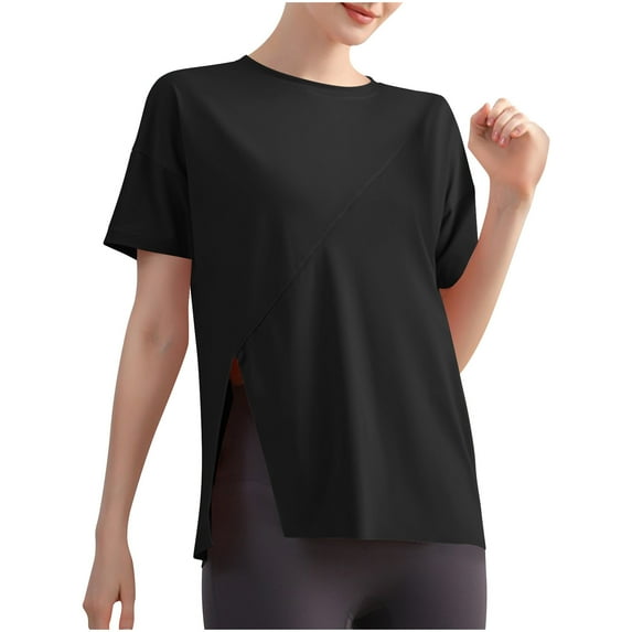 Jalioing Women's Short Sleeve Sport Tee Crew Neck Solid Color Loose Training Shirts Breathable Side Slit Athletic Tops