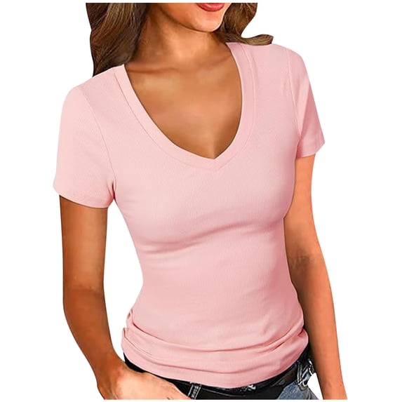 Jalioing Women's Short Sleeve T Shirt Summer Trendy V Neck Slim Tees Tops Solid Color Basic Going Out Shirts