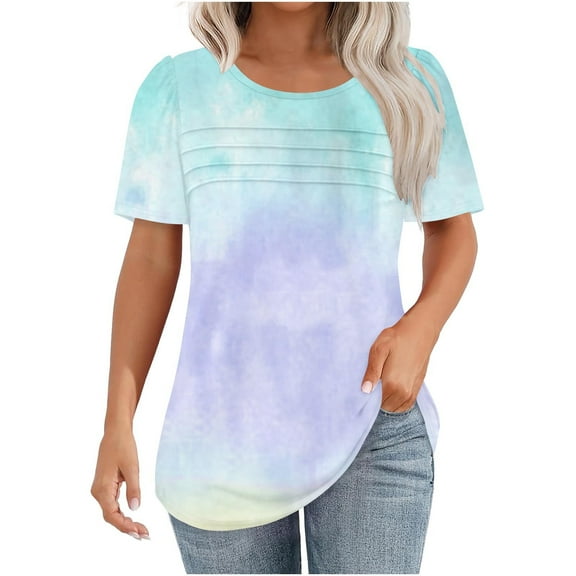 Jalioing Women's Short Sleeve Tunic Tops Casual Crew Neck Loose Blouses Colorful Summer Trendy Tops Clothes