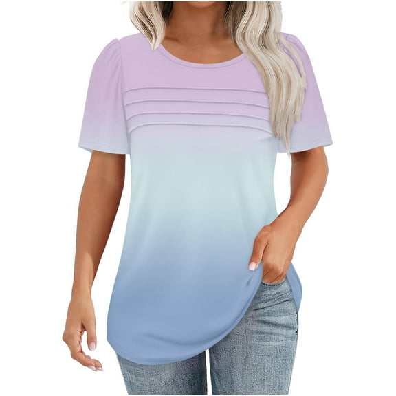 Jalioing Women's Short Sleeve Tunic Tops Casual Crew Neck Loose Blouses Colorful Summer Trendy Tops Clothes
