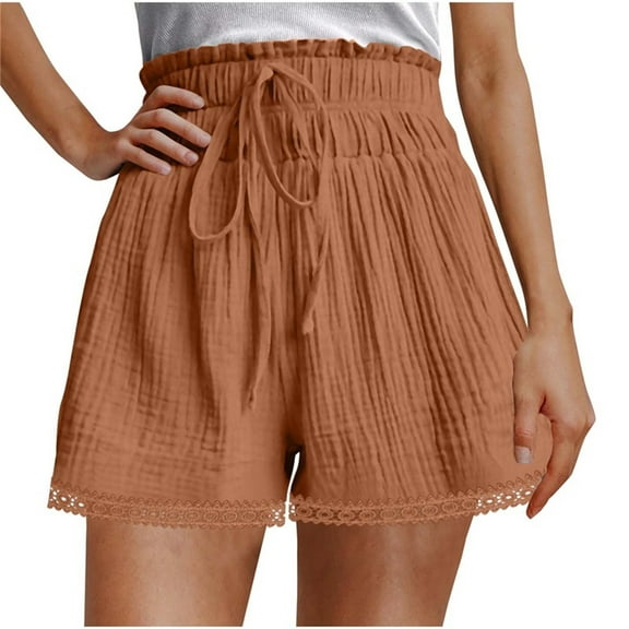 Jalioing Women's Shorts Fashion Ruffle Waist Drawstring Casual Shorts Wide Leg Lace Trim Summer Loose Shorts