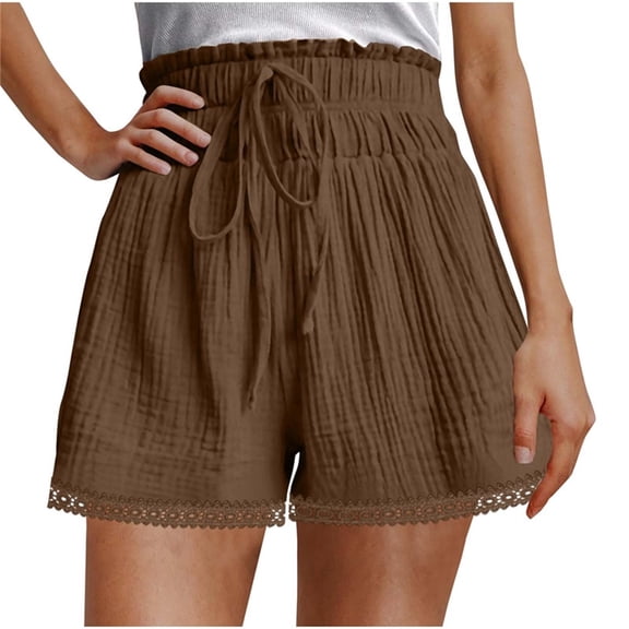 Jalioing Women's Shorts Fashion Ruffle Waist Drawstring Casual Shorts Wide Leg Lace Trim Summer Loose Shorts