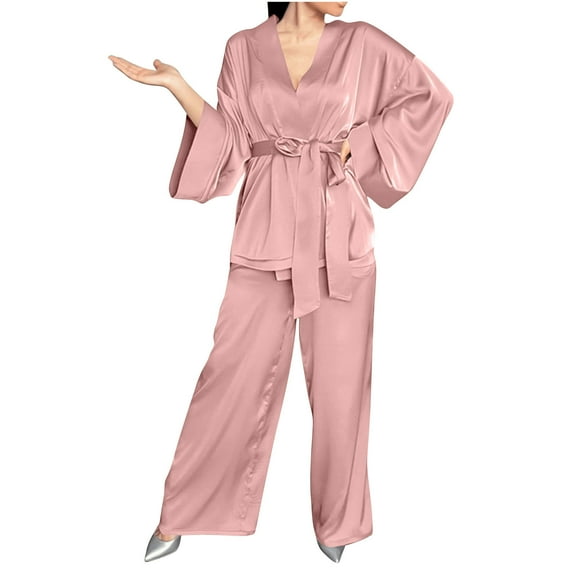 Jalioing Women's Silk Pajama Sets Long Sleeve Robes and Pants Lounge Set Loose Comfy Satin Sleepwear Set