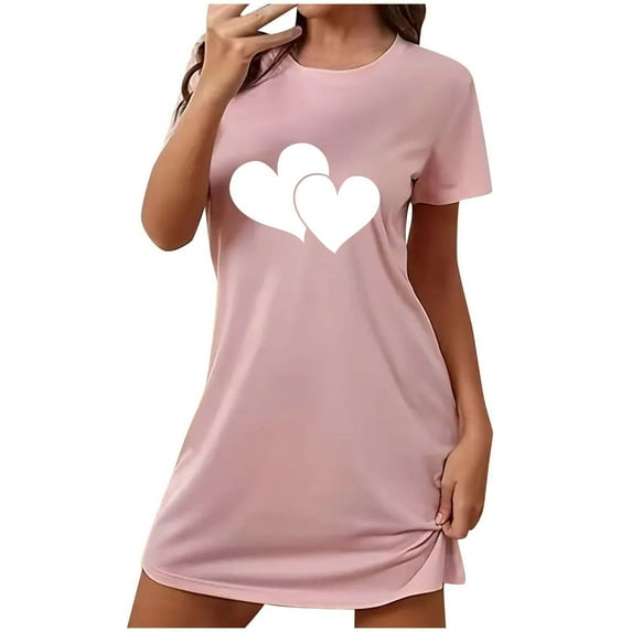 Jalioing Women's Soft Nightgowns Crew Neck Short Sleeve Pajama Dress Heart Print Casual Loose T Shirt Dress