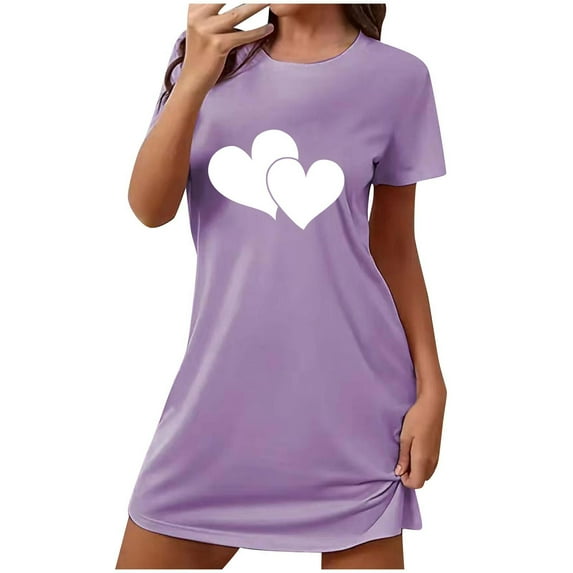 Jalioing Women's Soft Nightgowns Crew Neck Short Sleeve Pajama Dress Heart Print Casual Loose T Shirt Dress
