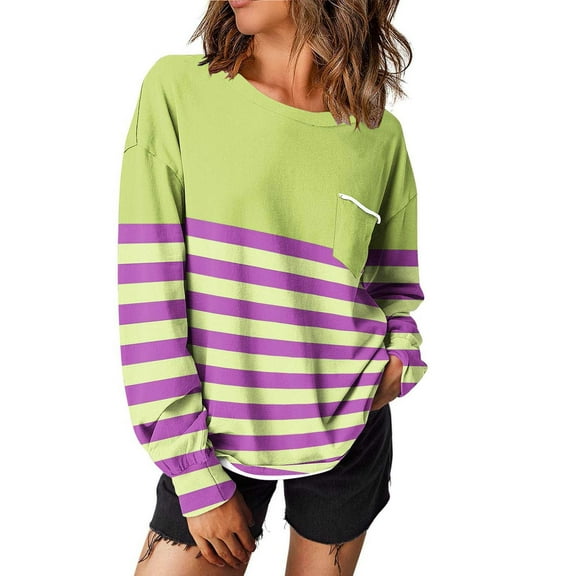 Jalioing Women's Striped Shirt Long Sleeve Dropped Shoulder Fashion Pullover Tee Casual Loose Crew Neck T Shirt