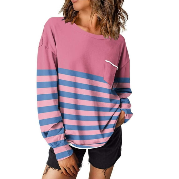Jalioing Women's Striped Shirt Long Sleeve Dropped Shoulder Fashion Pullover Tee Casual Loose Crew Neck T Shirt