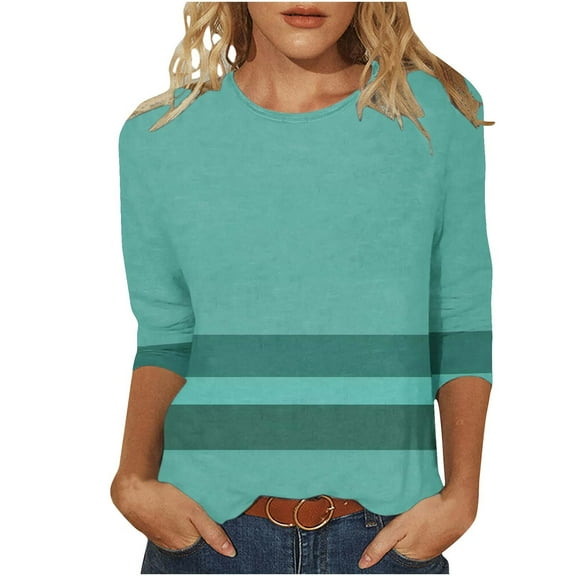 Jalioing Women's Striped Shirts Casual 3/4 Length Sleeve Crew Neck T Shirt Spring Summer Fashion Blouses