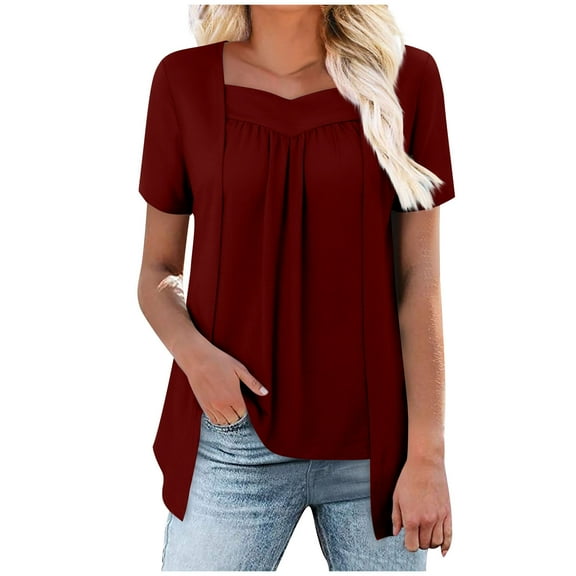Jalioing Women's Summer Blouses Short Sleeve Pleated Front Irregular Shirts Casual Dressy Tunic Tops Fashion