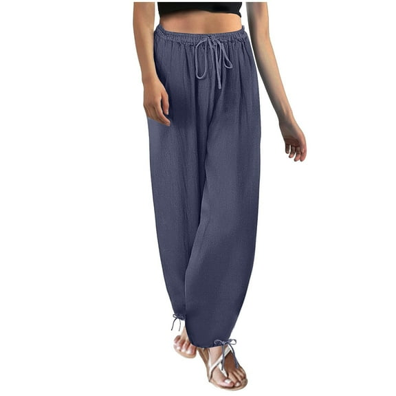 Jalioing Women's Summer Pants Drawstring Waist Baggy Straight Leg Cotton Linen Pants with Pocket Lounge Trousers