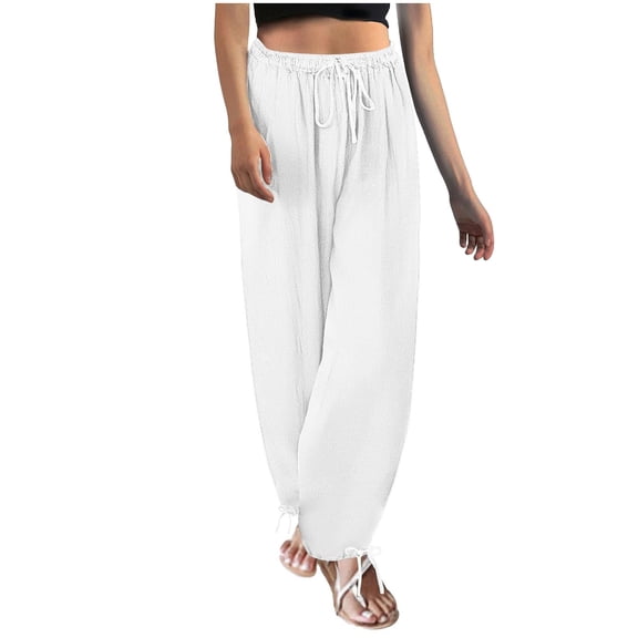 Jalioing Women's Summer Pants Drawstring Waist Baggy Straight Leg Cotton Linen Pants with Pocket Lounge Trousers