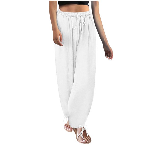 Jalioing Women's Summer Pants Drawstring Waist Baggy Straight Leg Cotton Linen Pants with Pocket Lounge Trousers