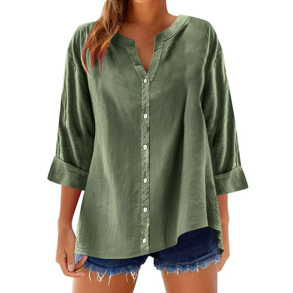 Jalioing Women's Summer Shirt 3/4 Length Sleeve Button Down Casual Blouses Loose Basic Tops Trendy Outfits