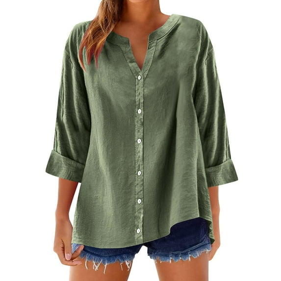 Jalioing Women's Summer Shirt 3/4 Length Sleeve Button Down Casual Blouses Loose Basic Tops Trendy Outfits