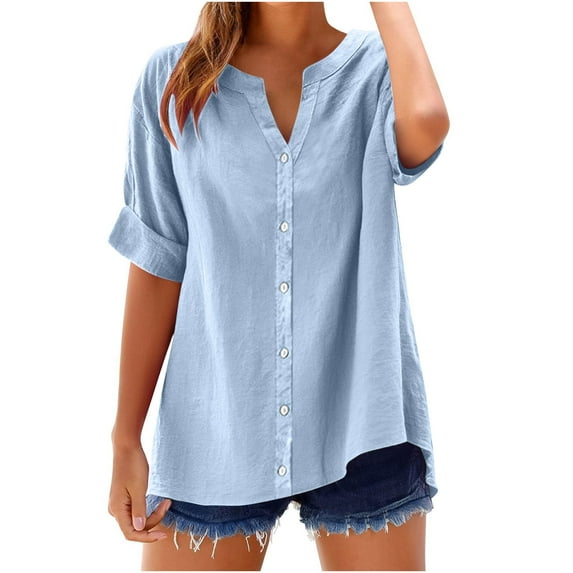 Jalioing Women's Summer Shirt Button Down V Neck Short Sleeve Blouses Fashion Basic Beach Tops Outfits