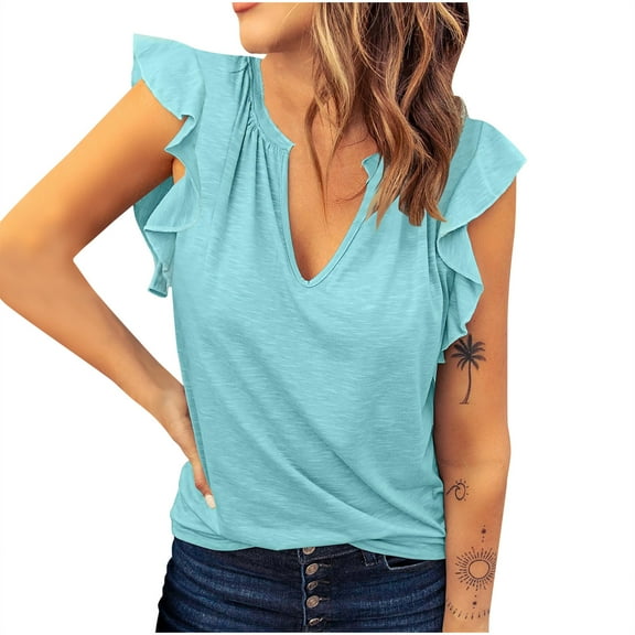 Jalioing Women's Summer Shirts Ruffle Cap Sleeve V Neck Fashion T Shirt Casual Solid Color Loose Tops S-3XL