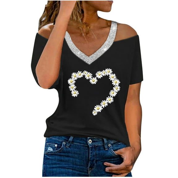 Jalioing Women's Summer Shirts Sequin V Neck Short Sleeve Trendy Tops Cold Shoulder Fashion Print Loose Blouses
