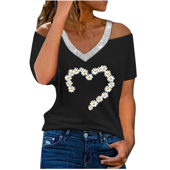Jalioing Women's Summer Shirts Sequin V Neck Short Sleeve Trendy Tops Cold Shoulder Fashion Print Loose Blouses