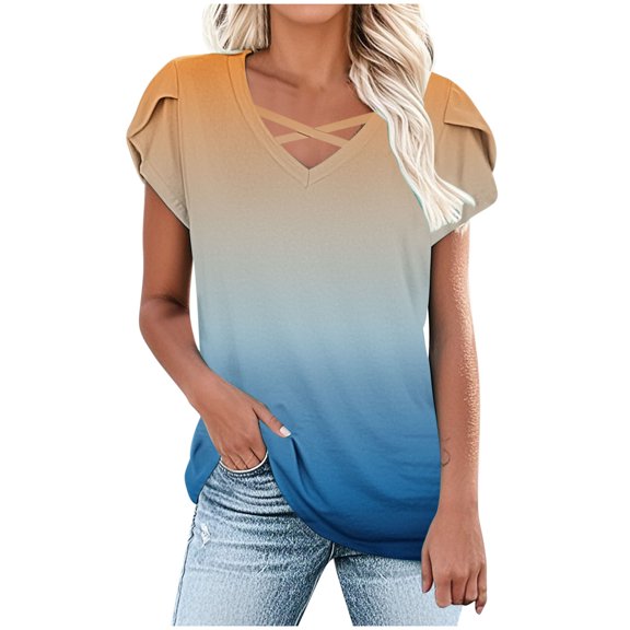 Jalioing Women's Summer Shirts Short Sleeve Cross V Neck Gradient Blouses Trendy Fashion Tunic Tops Outfits