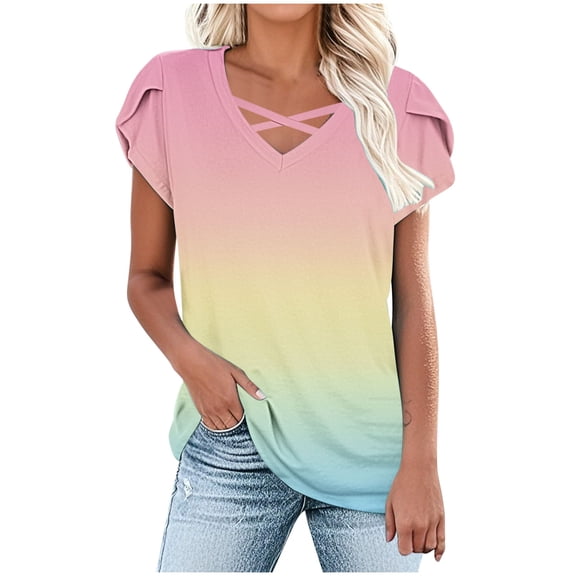 Jalioing Women's Summer Shirts Short Sleeve Cross V Neck Gradient Blouses Trendy Fashion Tunic Tops Outfits
