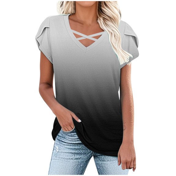 Jalioing Women's Summer Shirts Short Sleeve Cross V Neck Gradient Blouses Trendy Fashion Tunic Tops Outfits