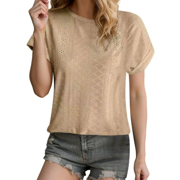 Jalioing Women's Summer Short Sleeve Shirts Crew Neck Eyelet Fashion Tunic Tops Dressy Casual Plain Work Blouses