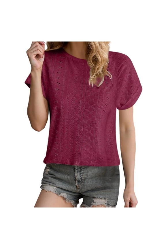 Women's Summer Short Sleeve Shirts Crew Neck Eyelet Fashion Tunic Tops Dressy Casual Plain Work Blouses