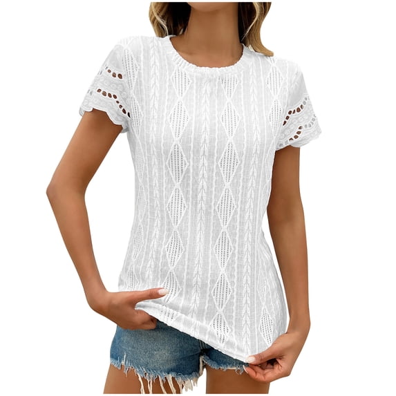 Jalioing Women's Summer Tops Trendy Short Lace Sleeve Crew Neck Texture T Shirts Casual Fashion Blouses