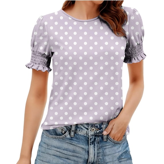 Jalioing Women's Summer Tops Puff Short Sleeve Crew Neck Fashion Print T Shirt Dressy Casual Trendy Blouses for Women