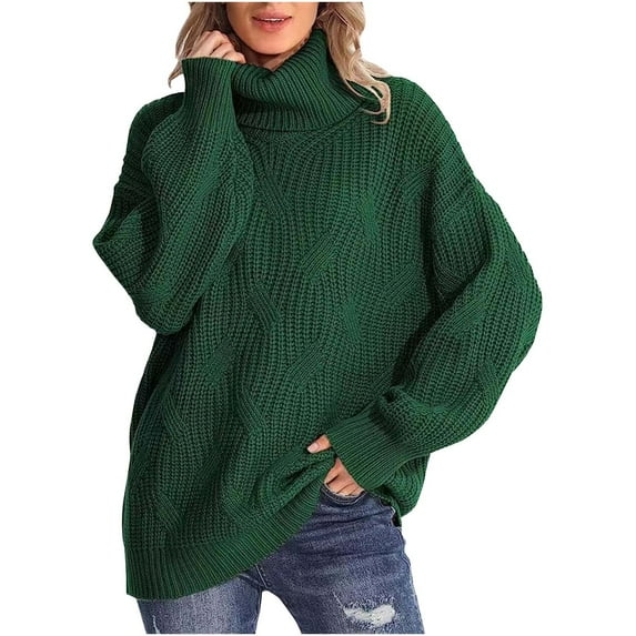Jalioing Women's Sweater Solid Color Ribbed Knitted High Neck Lounge Comfy Pullover Tops (Small, Green)