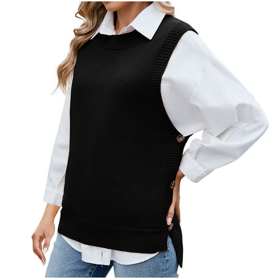 Jalioing Women's Sweater Vest Crew Neck Side Button Sleeveless Sweater Casual Ribbed Knit Pullover Tops Fall Outfits