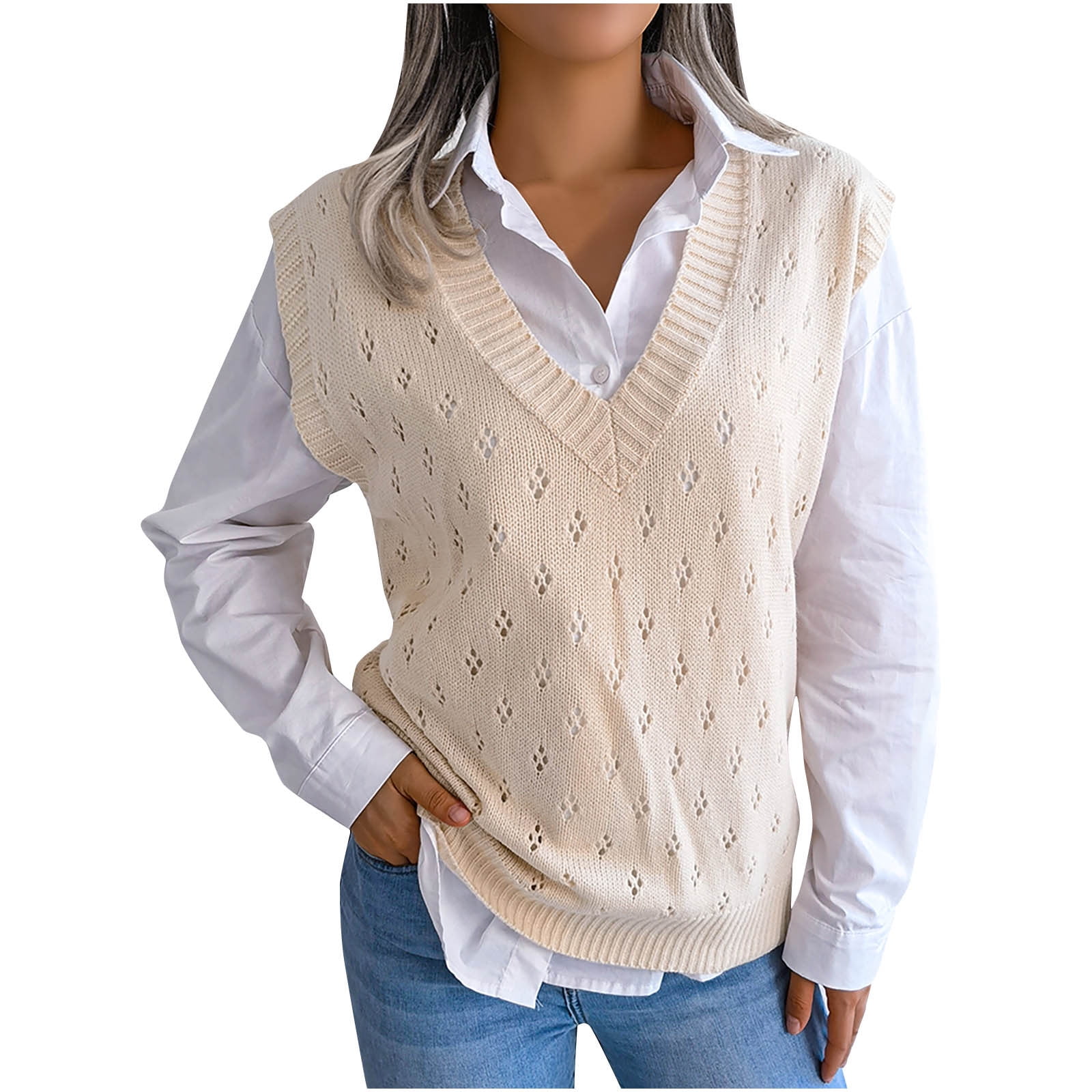 Woman BEIGE Sleeveless V-neck jumper with patterned knit Synthetic PIANELLO