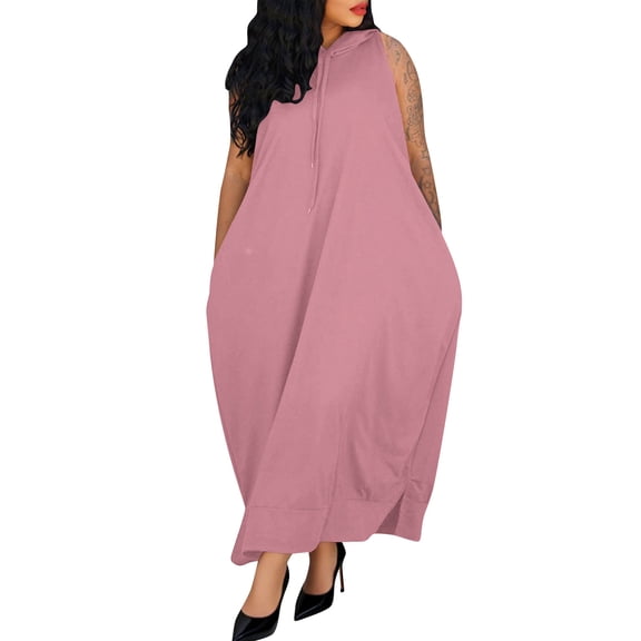 Jalioing Women's Sweatshirt Dress Oversized Sleeveless Hooded Maxi Dresses Solid Casual Hoodie Dress with Pocket