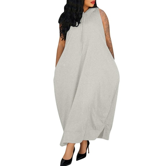 Jalioing Women's Sweatshirt Dress Oversized Sleeveless Hooded Maxi Dresses Solid Casual Hoodie Dress with Pocket