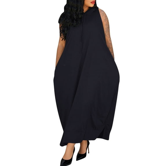 Jalioing Women's Sweatshirt Dress Oversized Sleeveless Hooded Maxi Dresses Solid Casual Hoodie Dress with Pocket