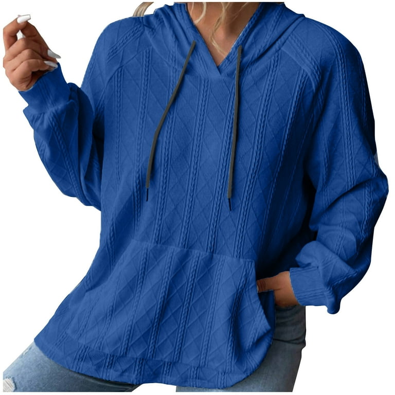 Jalioing Women s Sweatshirt Solid Color Ribbed Hooded Drawstring Pullover Long Sleeve Plus Size Baggy Hoodies 3X Large Blue Walmart