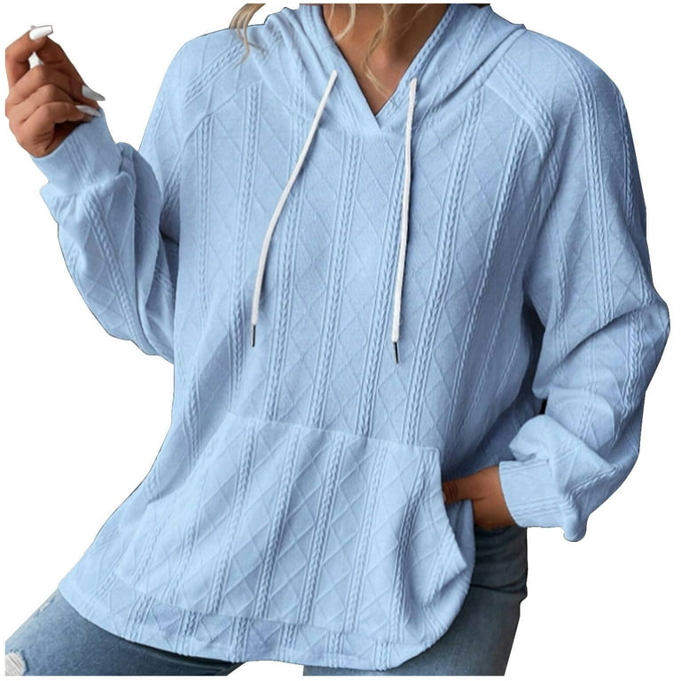 Jalioing Women s Sweatshirt Solid Color Ribbed Hooded Drawstring Pullover Long Sleeve Plus Size Baggy Hoodies 3X Large Light Blue