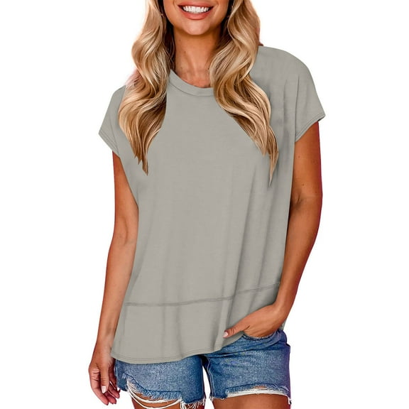 Jalioing Women's T Shirt Summer Casual Short Sleeve Side Slit Loose Shirts Basic Crew Neck Tees Tops
