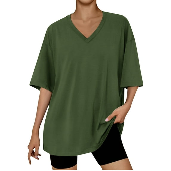 Jalioing Women's T Shirt Oversized Half Sleeve V Neck Tee Shirt Solid Color Fashion Basic Summer Tops Clothes