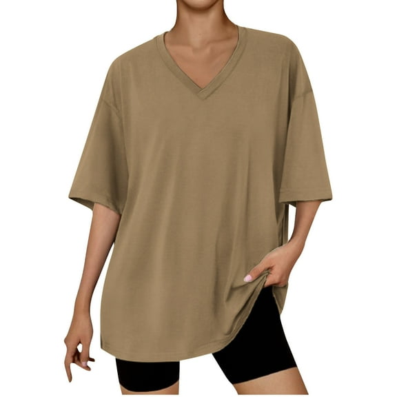Jalioing Women's T Shirt Oversized Half Sleeve V Neck Tee Shirt Solid Color Fashion Basic Summer Tops Clothes