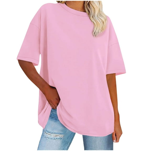 Jalioing Women's T Shirt Plus Size Basic Tee Oversized Solid Color Short Sleeve Crew Neck Summer Pullover Shirt
