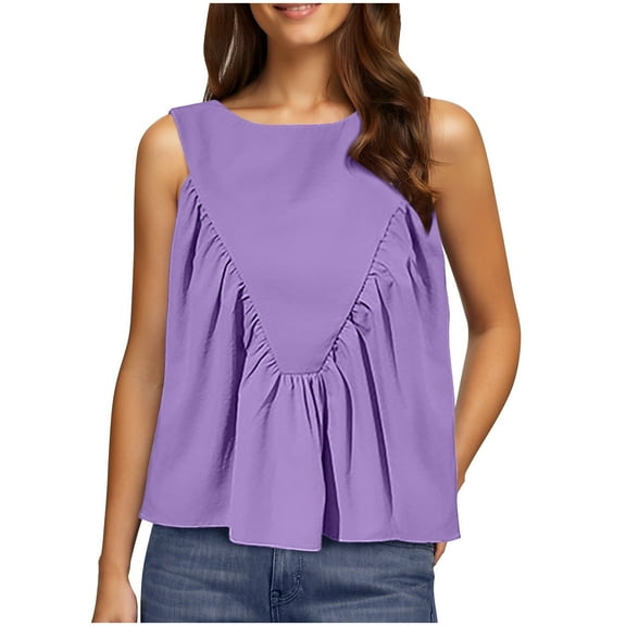 Jalioing Women's Tank Tops Casual Loose Pleated Sleeveless Shirts Crew Neck Solid Color Fashion Basic Tops