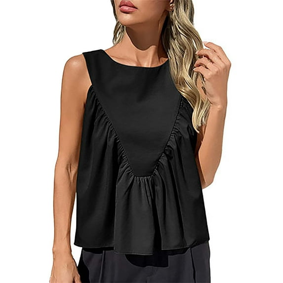 Jalioing Women's Tank Tops Casual Loose Pleated Sleeveless Shirts Crew Neck Solid Color Fashion Basic Tops