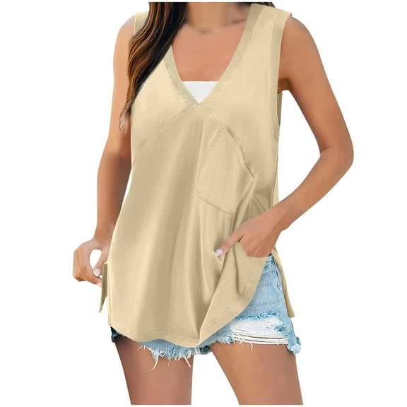 Jalioing Women's Tank Tops Casual V Neck Sleeveless Shirt with Pocket Loose Flowy Side Slit Summer Tops