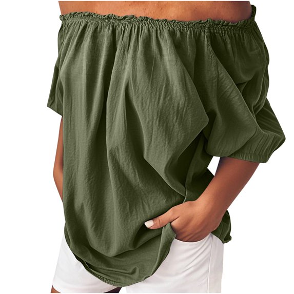 Jalioing Women's Tops Off The Shoulder Loose Stretchy Fashion Blouses Short Sleeve Cotton Linen Summer Shirts