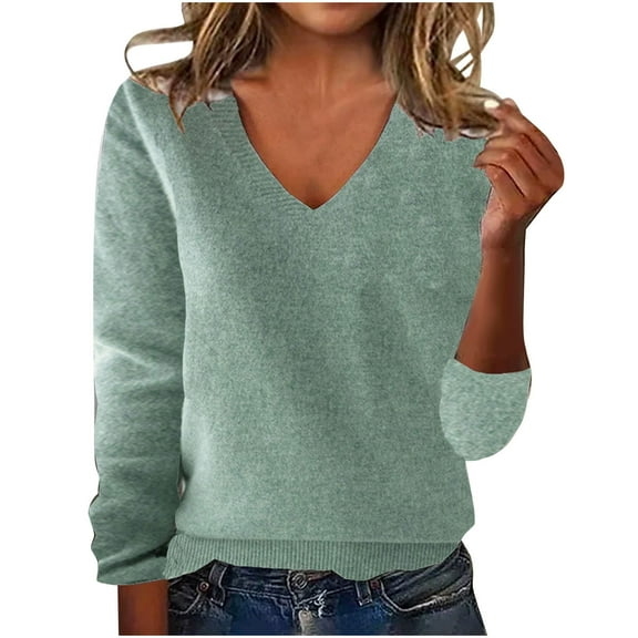 Jalioing Women's V Neck Sweaters Long Sleeve Solid Color Casual Knit Tops Cotton Loose Basic Pullover Sweaters