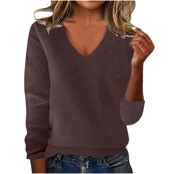 Jalioing Women's V Neck Sweaters Long Sleeve Solid Color Casual Knit Tops Cotton Loose Basic Pullover Sweaters