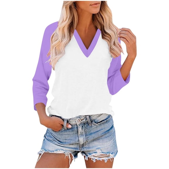 Jalioing Women's V Neck T Shirt Color Block Dropped Shoulder Casual Tops 3/4 Sleeve Fashion Summer Tees Clothes