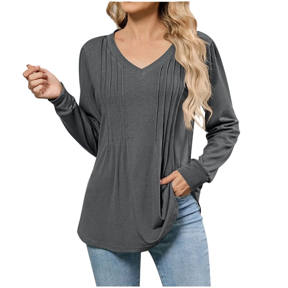 Jalioing Women's V Neck Tunic Shirt Loose Pleated Long Sleeve Fashion Tops Solid Color Dressy Casual Work Blouses